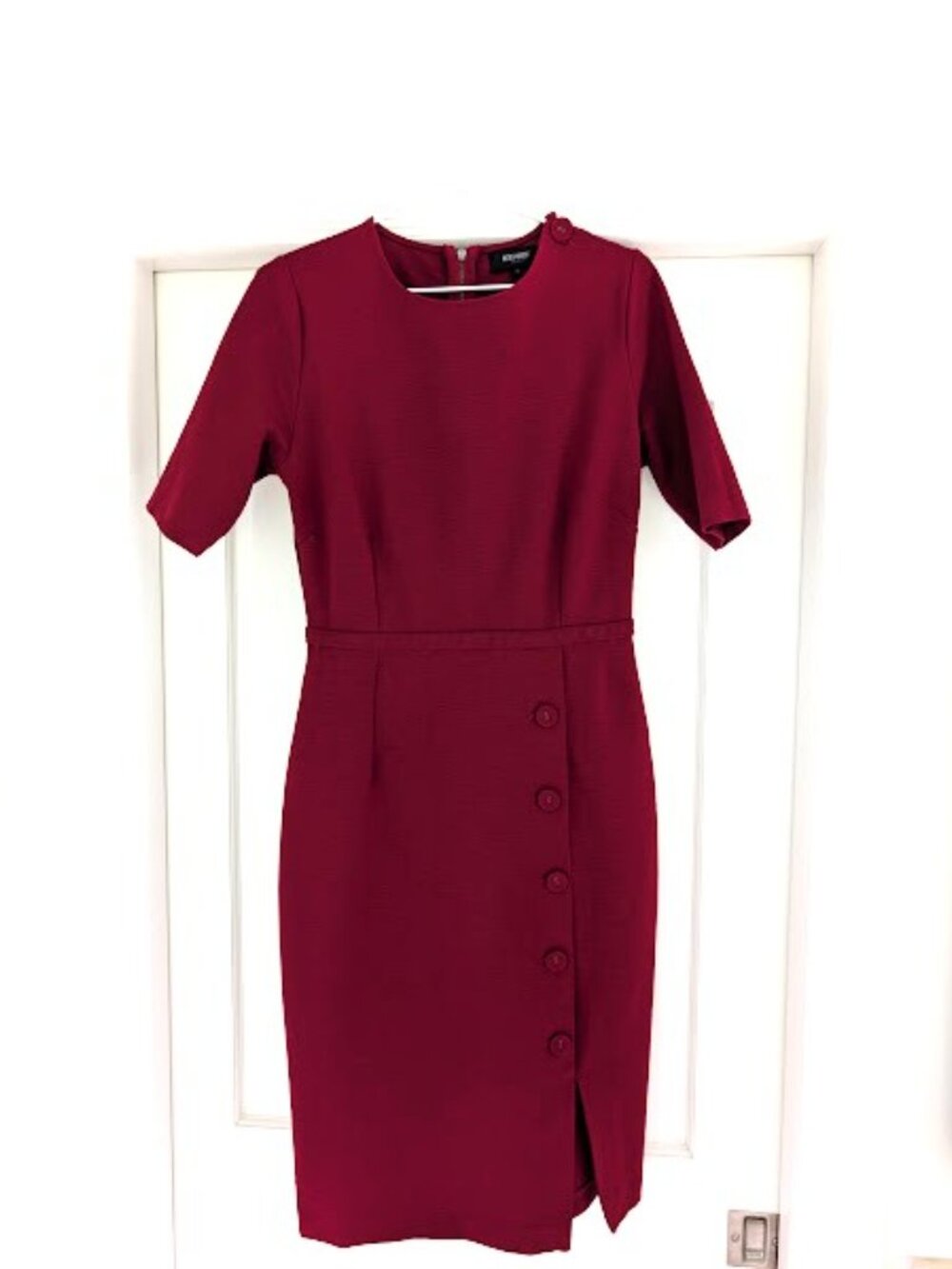 Oxford short-sleeve burgundy / maroon sheath /pencil midi dress